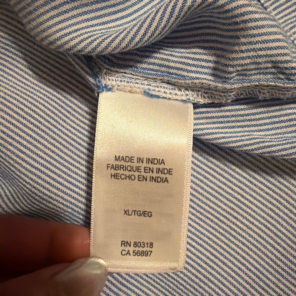 Lucky Brand Embroidered Pinstripe Babydoll Top Blue White XL Boho Cap Sleeve - Picture 8 of 9